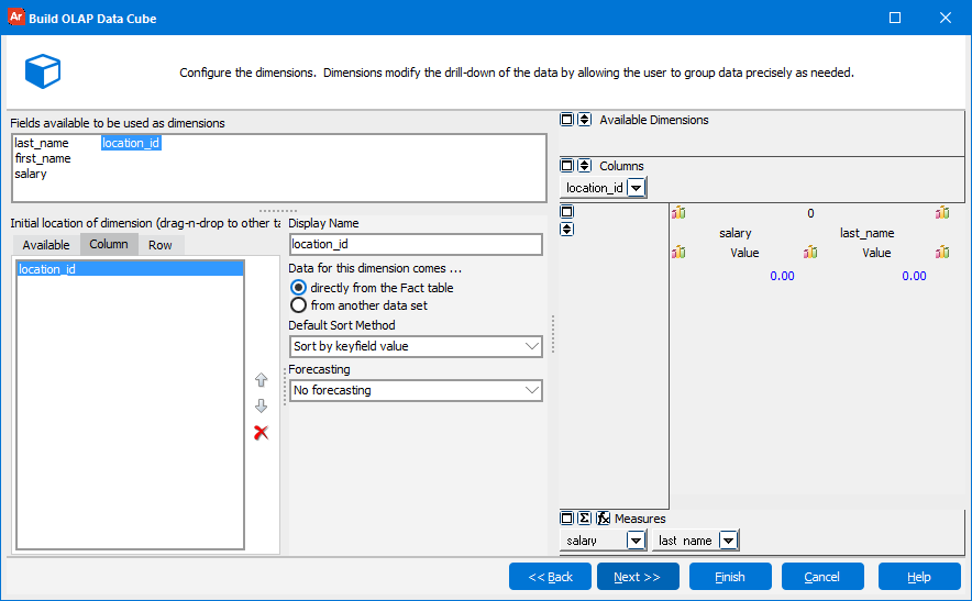 The Build OLAP Data Cube dialog with several fields entered as dimensions and REGION NAME entered withing the Column tab.